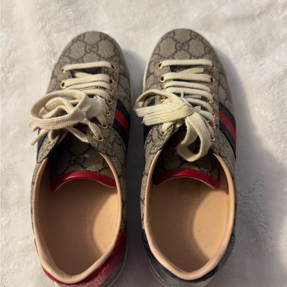 Gucci Beige and Red Lace-Up Sneakers